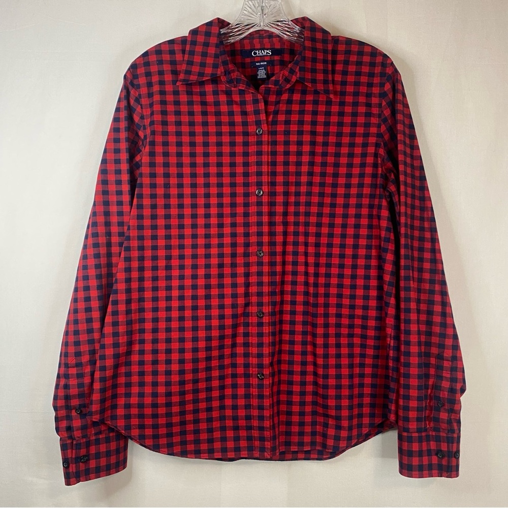 CHAPS Plaid Collared Button Down Flannel Red Navy Blue Buffalo Check Size Large